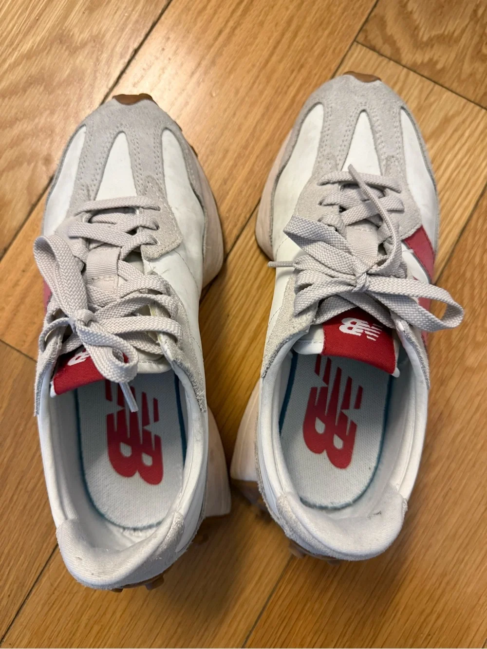 New Balance 327 White & Light Gray Sneakers with Red Logo